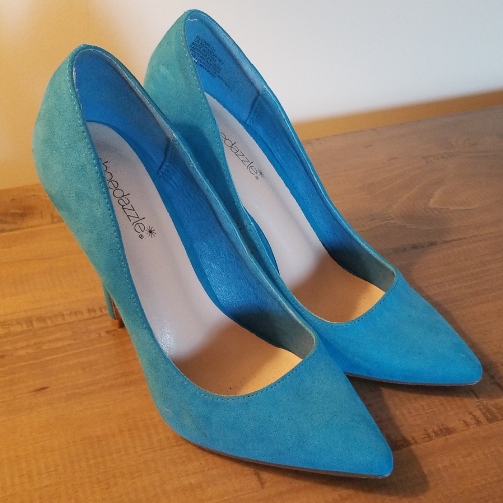 ShoeDazzle Elizabeth Turquoise Blue Faux Suede Pointed Stiletto‎ Pumps Size 8